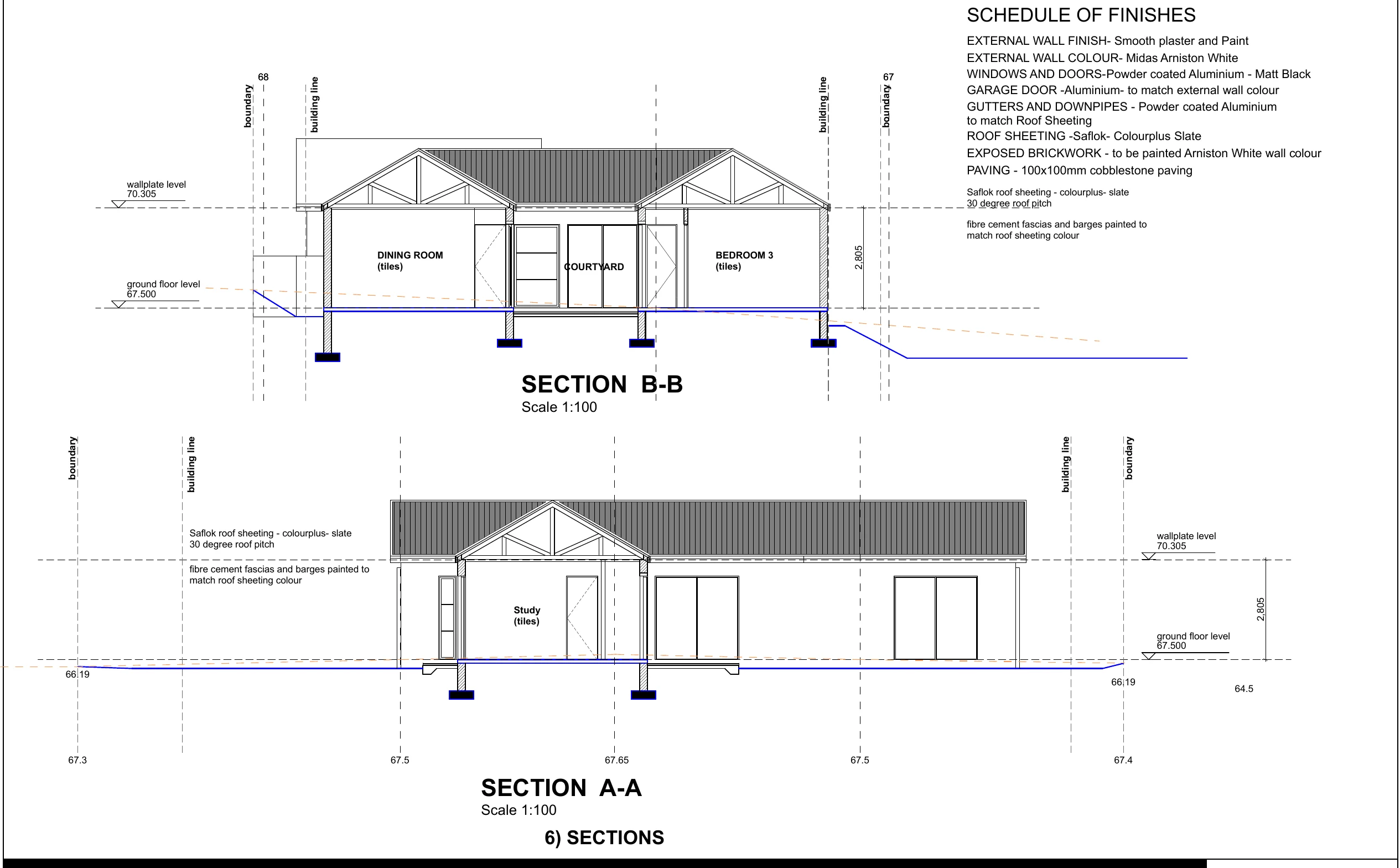 Architectural sections and finishes schedule for The Bloom