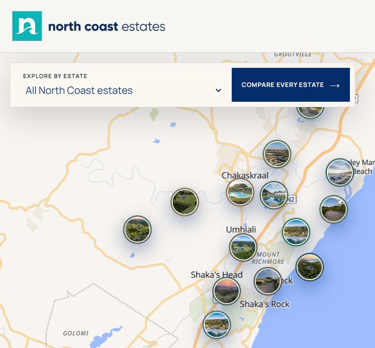 North Coast estate discovery map showing estates from Ballito to Tinley Manor